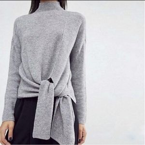 Grey Turtle Neck Ribbed Sweater w Tie Detail